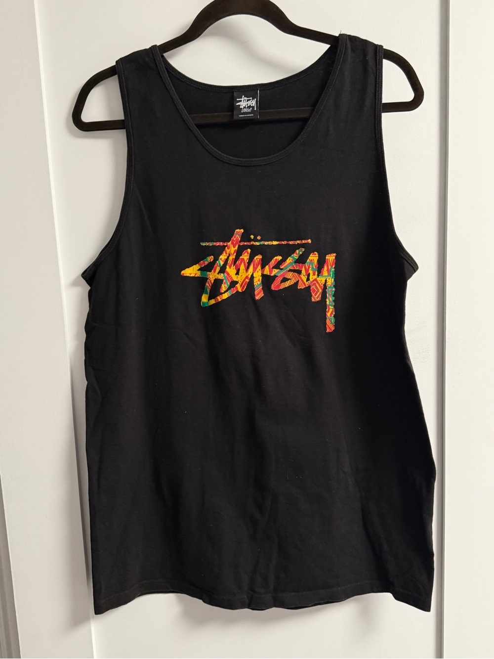 Stussy Black Tank Top with Red, Yellow, Green Logo